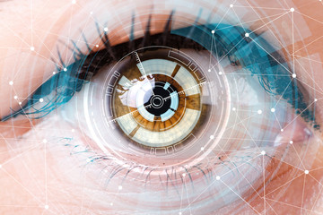 Concept of sensor implanted into human eye - obrazy, fototapety, plakaty