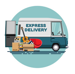 Cargo transportation. Express delivery. Express delivery by car. Trucking by car. Services of delivery by car. Car for delivery. Truck for cargo transportation. Car for moving. Flat style. Flat design