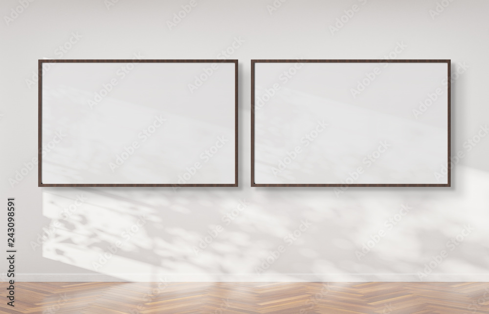 Poster Two horizontal frames hanging on a wall mockup 3d rendering