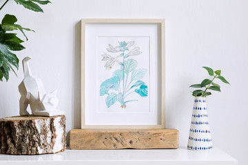 Home interior floral poster mock up with vertical wooden photo frame, design vase with flower, cat...