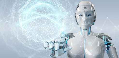 White woman humanoid using digital global network 3D rendering