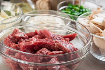 Beef and other ingredients ready to cooking beef Stroganoff
