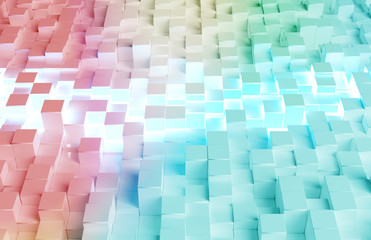 Glowing white and colorful abstract squares background pattern 3D rendering