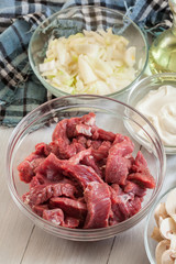 Beef and other ingredients ready to cooking beef Stroganoff