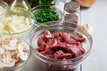 Beef and other ingredients ready to cooking beef Stroganoff