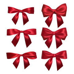 Realistic red bow isolated on white. Element for decoration gifts, greetings, holidays. Vector illustration