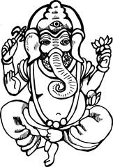 Illustration of Ganesh dancing with lotus and ax.