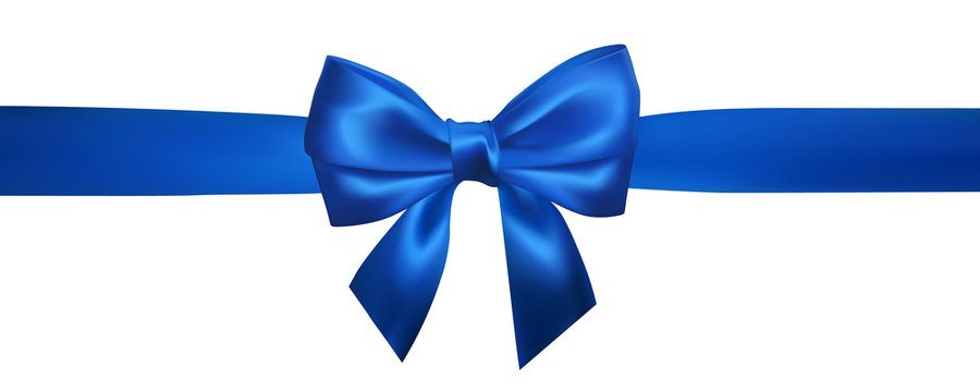 Realistic blue bow with horizontal blue ribbons isolated on white. Element for decoration gifts, greetings, holidays. Vector illustration