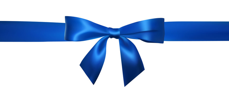 Realistic blue bow with horizontal blue ribbons isolated on white. Element for decoration gifts, greetings, holidays. Vector illustration