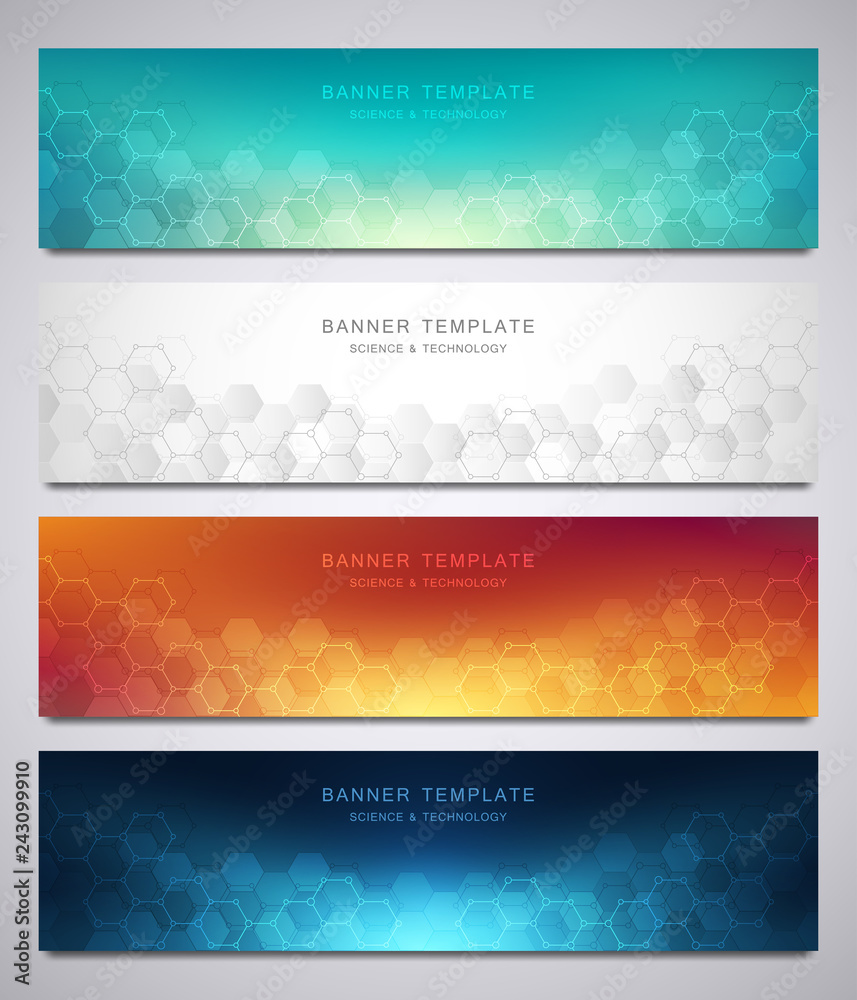 Wall mural set of vector banners and headers for site with medical background and hexagons pattern. abstract ge