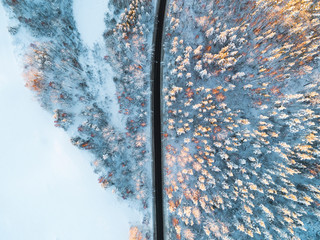 Aerial view of a car on winter road in the forest. Winter landscape countryside. Aerial photography of snowy forest with car on the road. Captured from above with a drone. Aerial photo. Car in motion