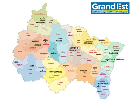 administrative map of the new french region grand est with logo