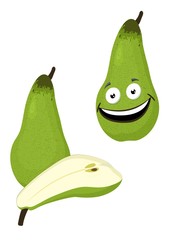 Pears vector illustration. One and a half green pear fruit on white background. Funny cartoon character illustration.