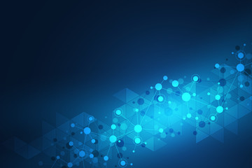 Abstract geometric texture with molecular structures and neural network. Molecules DNA and genetic research. Plexus background. Vector illustration for medical, scientific and technological design.