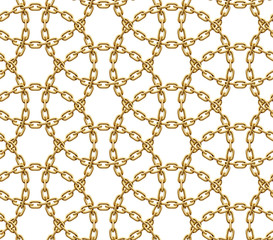 Seamless pattern of intersected circles of golden chains. Vector illustration.