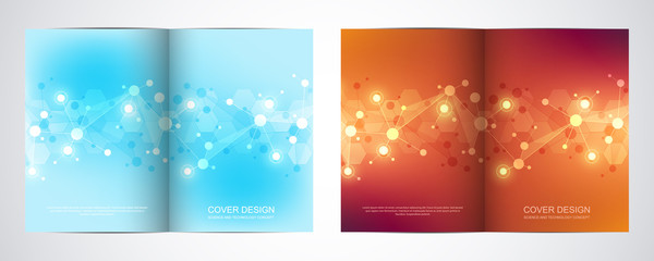 Vector template for brochure or cover with molecular structure background and connected lines and dots. Medicine, science and digital technology concept.