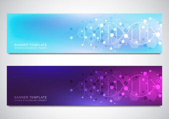 Vector banners and headers for site with DNA strand and molecular structure. Genetic engineering or laboratory research. Abstract geometric texture for medical, science and technology design.