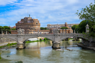 Castel Sant'Angelo and bridge Ponte Sant'Angelo over the Tiber river in Rome, Italy