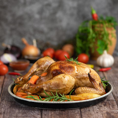 Roasted chicken, potatoes and vegetables in plate on dark wooden background. Side view