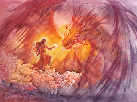 Сказочная иллюстрация с драконом, акварельная живопись, монотипия.