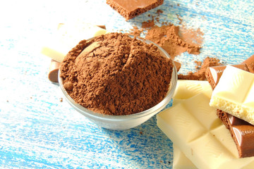 white, black chocolate and cocoa powder