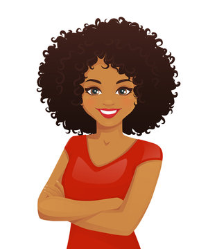 Portrait of smiling woman with arms crossed and afro hairstyle isolated vector illustration