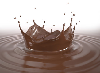 Liquid chocolate crown splash with ripples. On white.
