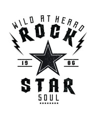 Rock and Roll text with star, fashion print for t shirt and other uses.