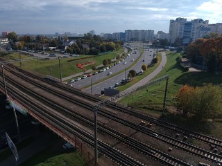 Fototapeta premium Aerial photo of transport hub in Minsk, Belarus in autumn 