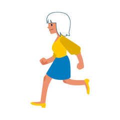 Vector walking or running blonde flat woman in casual outfit, blue skirt and yellow blouse. Cute female character pedestrian or walker. Isolated illustration
