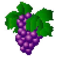 Bunch of black grapes with leaves isolated on white background, pixel art fruit icon