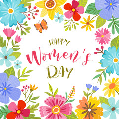 Fototapeta na wymiar Women's day background with beautiful colorful floral frame. Perfect for backgrounds and greeting cards. Vector illustration.
