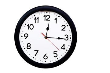 Time concept with black clock at a quarter past noon