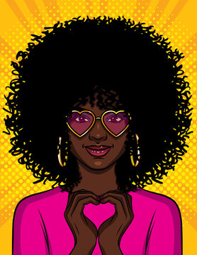 Color vector pop art style illustration of a beautiful african american girl showing with her hands a heart shape. A young woman with pink glasses. Character design for Saint Valentine's day card