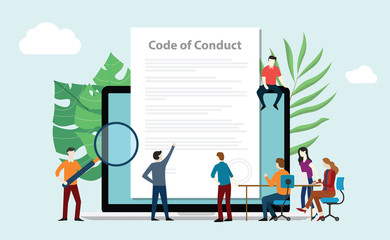 code of conduct team people work together on paper document on laptop screen - vector - obrazy, fototapety, plakaty