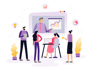 Students or employees take an online course, watching a video with infographics and discuss it. Banner or element for a site with a distance education theme. Vector illustration