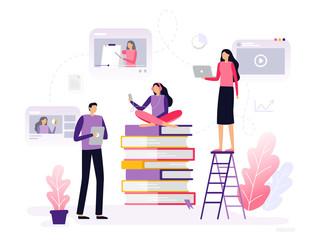 People take a distance education, watching videos and listen podcasts. Banner or element for a site with online course theme. Vector illustration