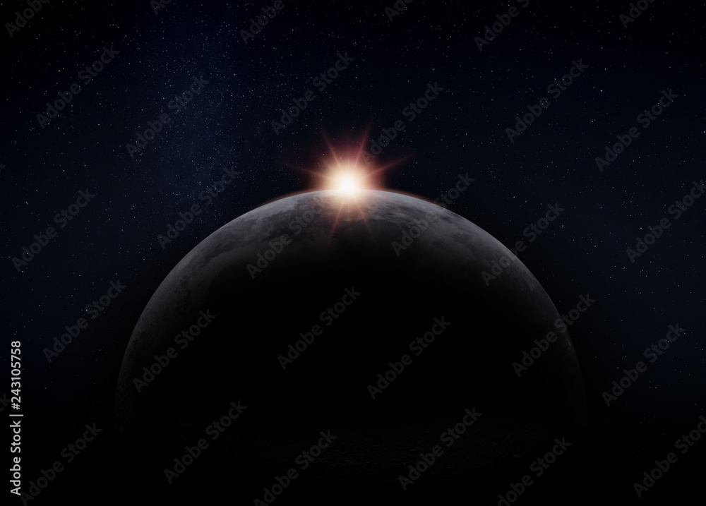Poster view of the dark hidden side of the moon with the sun behind it. negative space for copy text. eleme