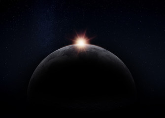 View of the dark hidden side of the Moon with the Sun behind it. Negative space for copy text. Elements of this image furnished by NASA