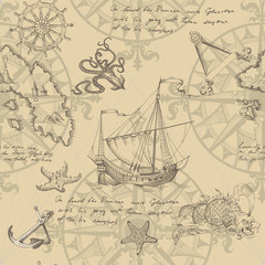 Old caravel, vintage sailboat, sea monster. Vector seamless pattern