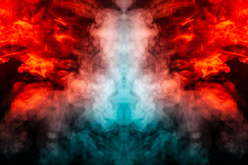 Fototapeta premium Curling smoke evaporating curls in the form of a spectacular, mystical head, highlighted with blue, red, purple on an isolated black background pattern.