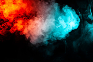 Translucent, thick smoke, illuminated by light against a dark background, divided into two colors:...