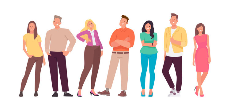 Group Of Young People. Set Of Character Happy Men And Women. Vector Illustration