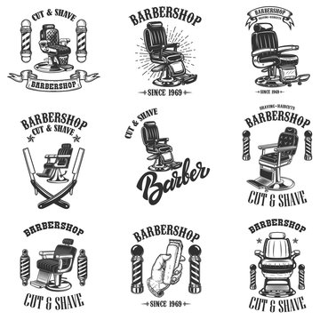 Set of vintage barber shop emblems with barber chair, badges and design elements.  for logo, label, sign.
