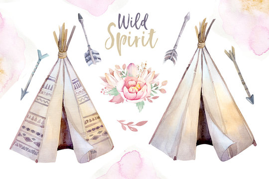 Watercolor colorful ethnic set of teepee and flowers bouquets in native American style.Tribal Navajo isolated wigwam illustration ornament on white background.