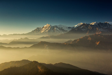 Beautiful view at Poon Hill with Dhaulagiri Peaks in background at sunset. Himalaya Mountains, Nepal.