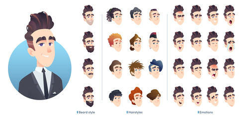Business character avatar kit, different hairstyles, facial expression and beard. Collection of male facial emotions. - obrazy, fototapety, plakaty