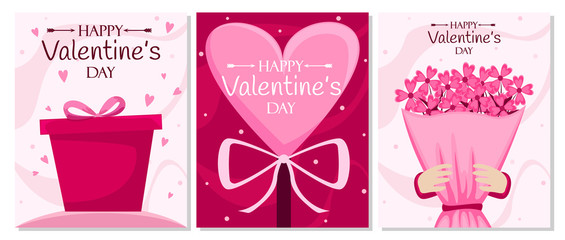 Happy Valentines day. Set of three holiday posters. Flat vector illustration.