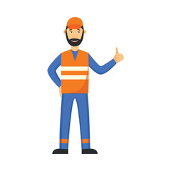 Vector garbage man in unifrom, waistcoat showing thumbs up. Janitor male character removing rubbish, wastes to make it recycled. Flat professional character icon.