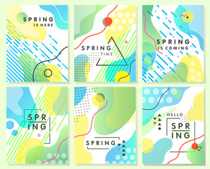 Unique artistic spring cards with bright gradient background,shapes and geometric elements in memphis style.Abstract design cards perfect for prints,flyers,banners,invitations,special offer and more.